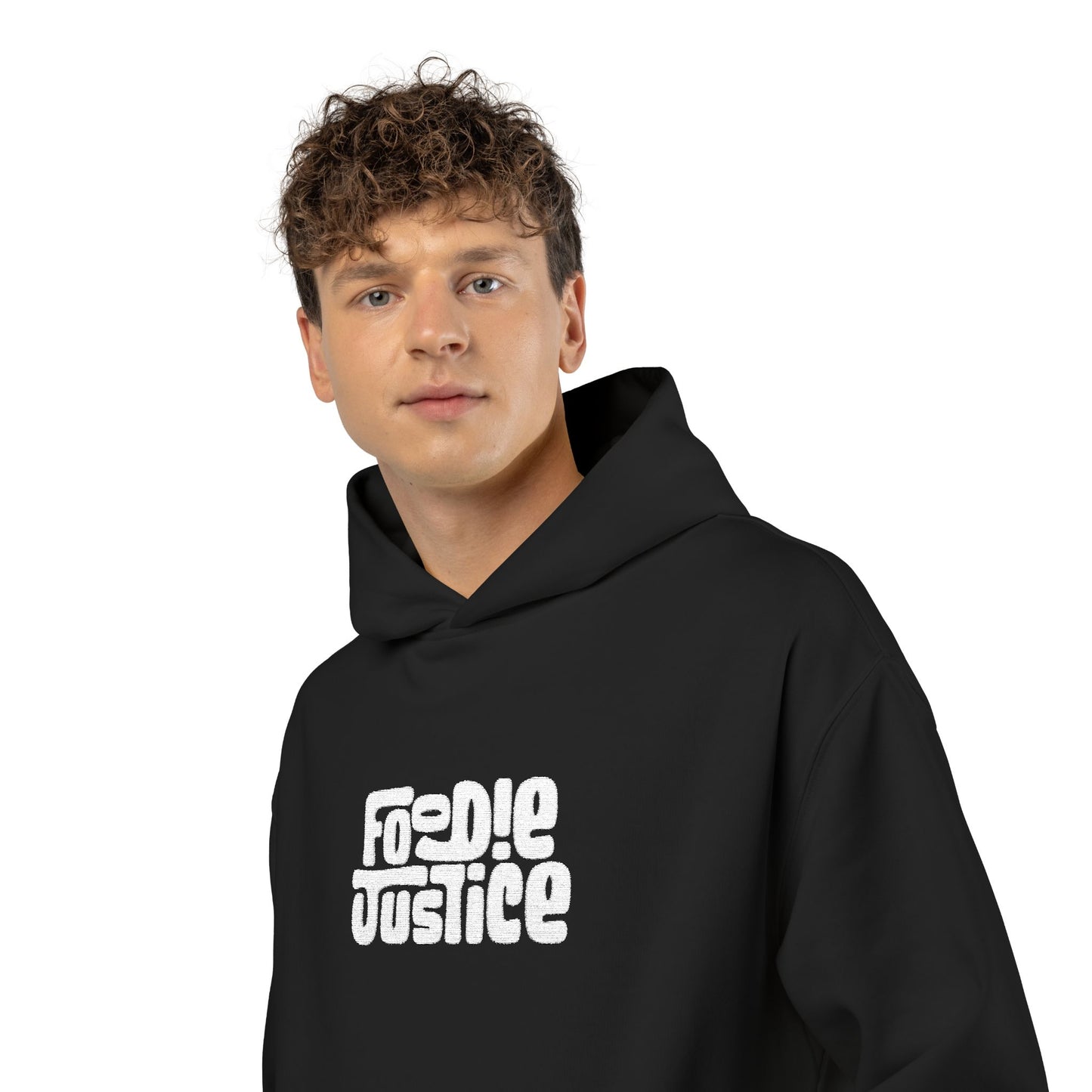 Foodie Justice Hoodie | Bold White Typographic Logo