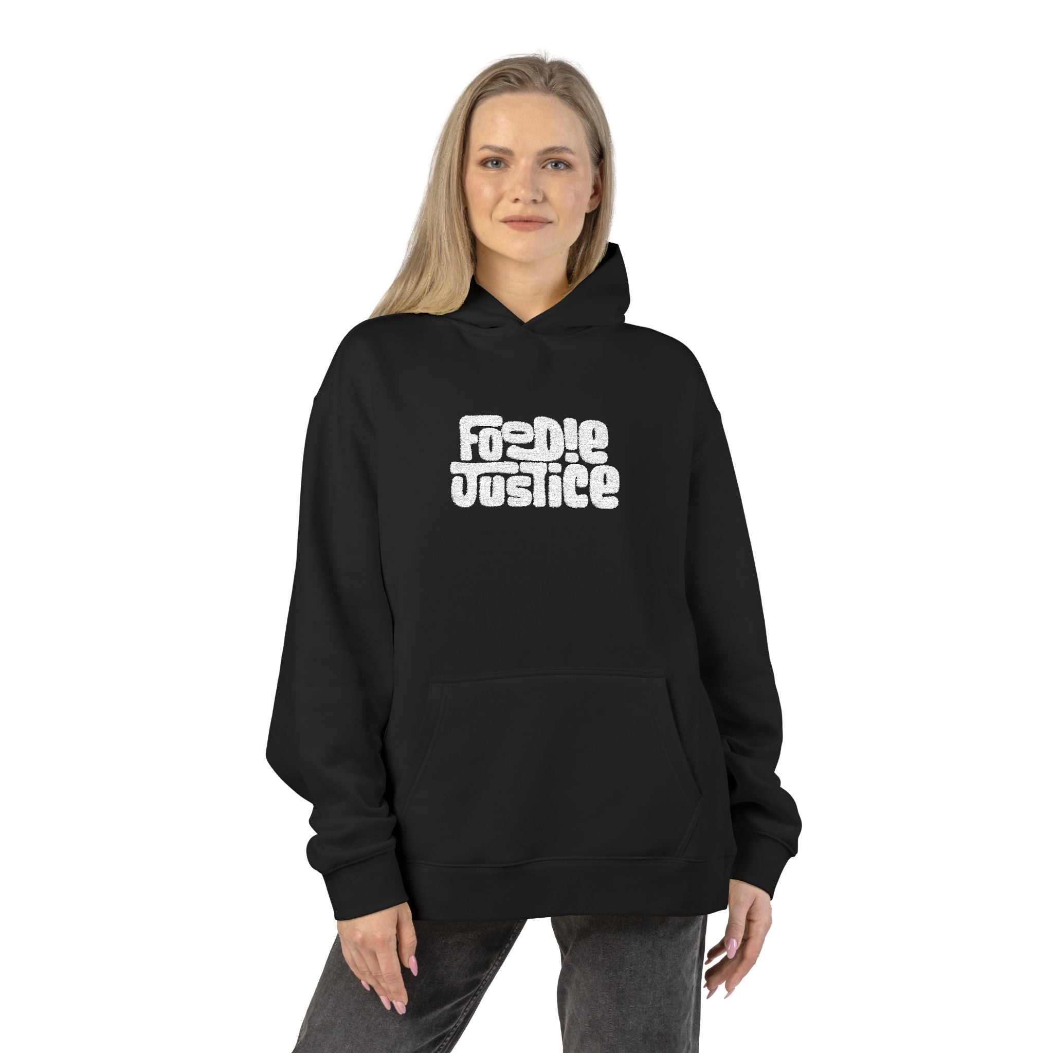 Foodie Justice Hoodie | Bold White Typographic Logo
