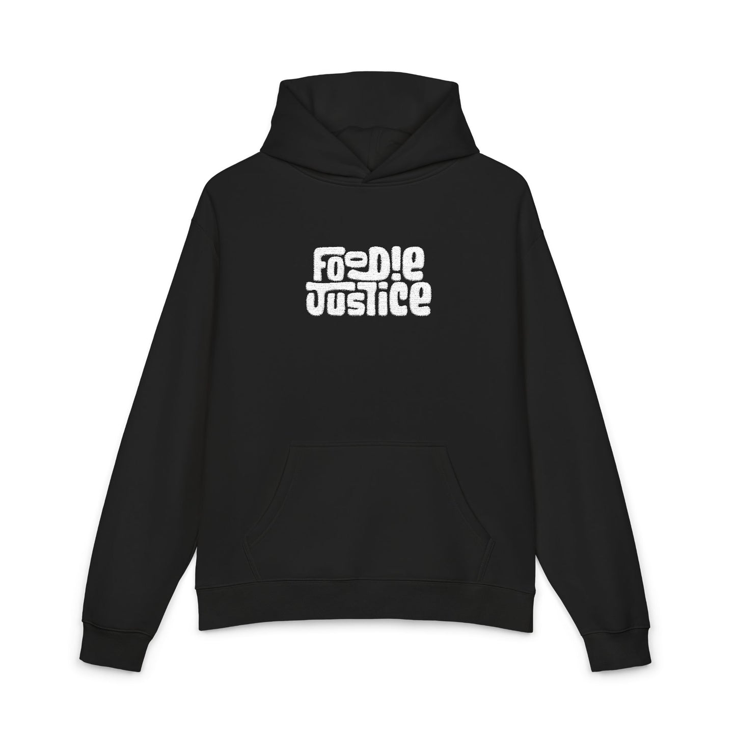 Foodie Justice Hoodie | Bold White Typographic Logo