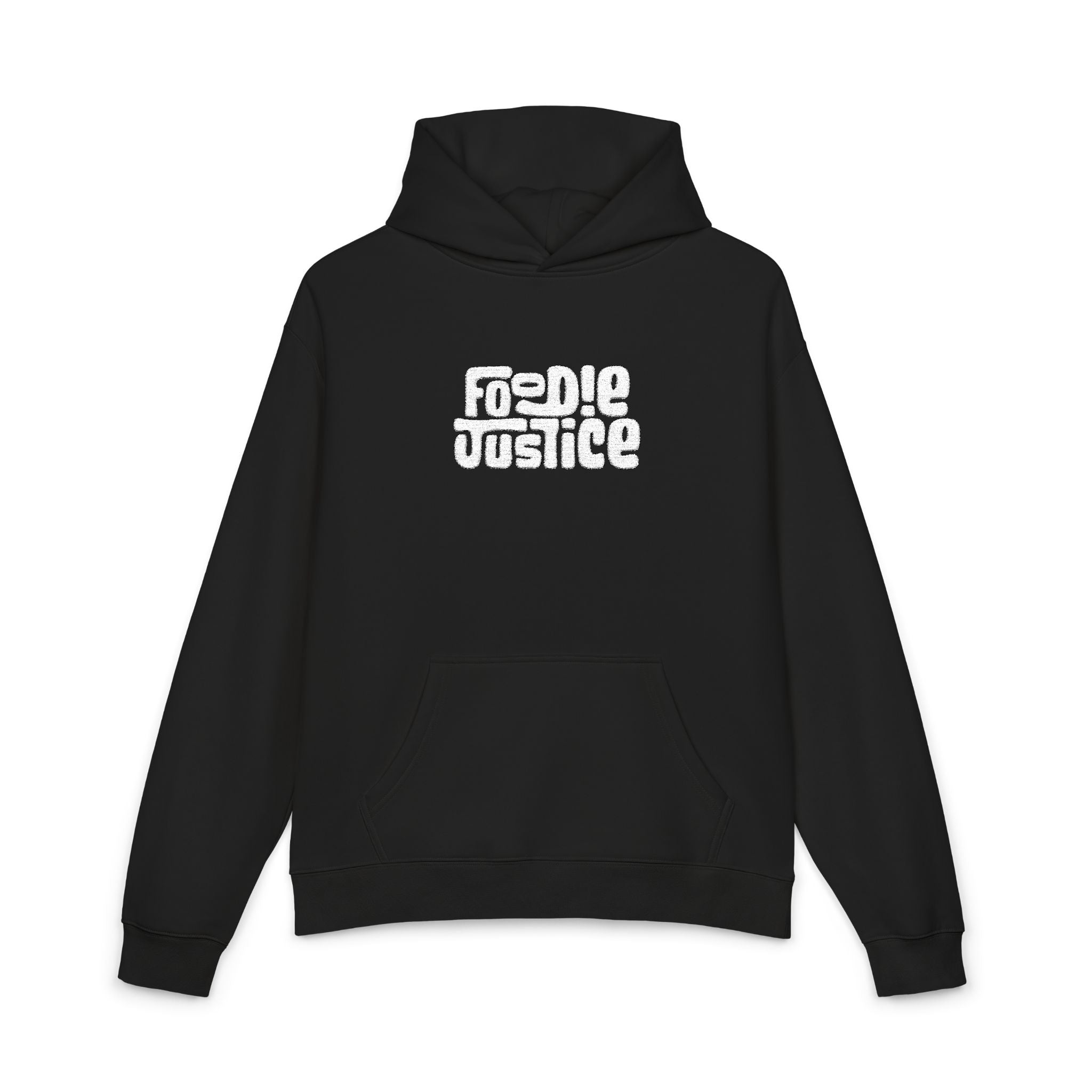 Foodie Justice Hoodie | Bold White Typographic Logo