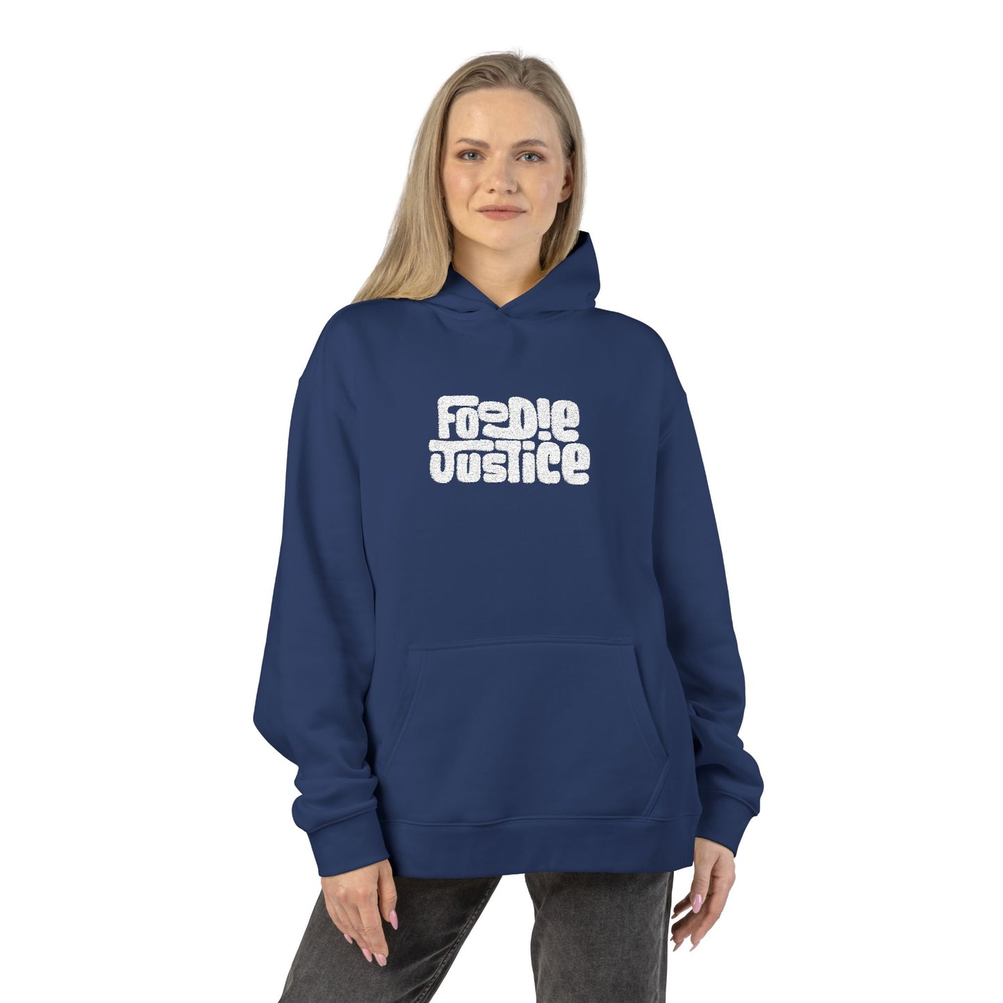 Foodie Justice Hoodie | Bold White Typographic Logo